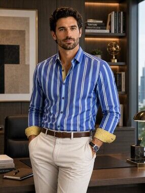 Robert Graham Men's Blue Striped Long Sleeve Shirt Yellow Lining Collar Cuffs